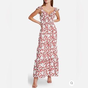 Betsey Johnson Strawberry-Print Voile Ruffled-Neck Maxi Dress, Medium